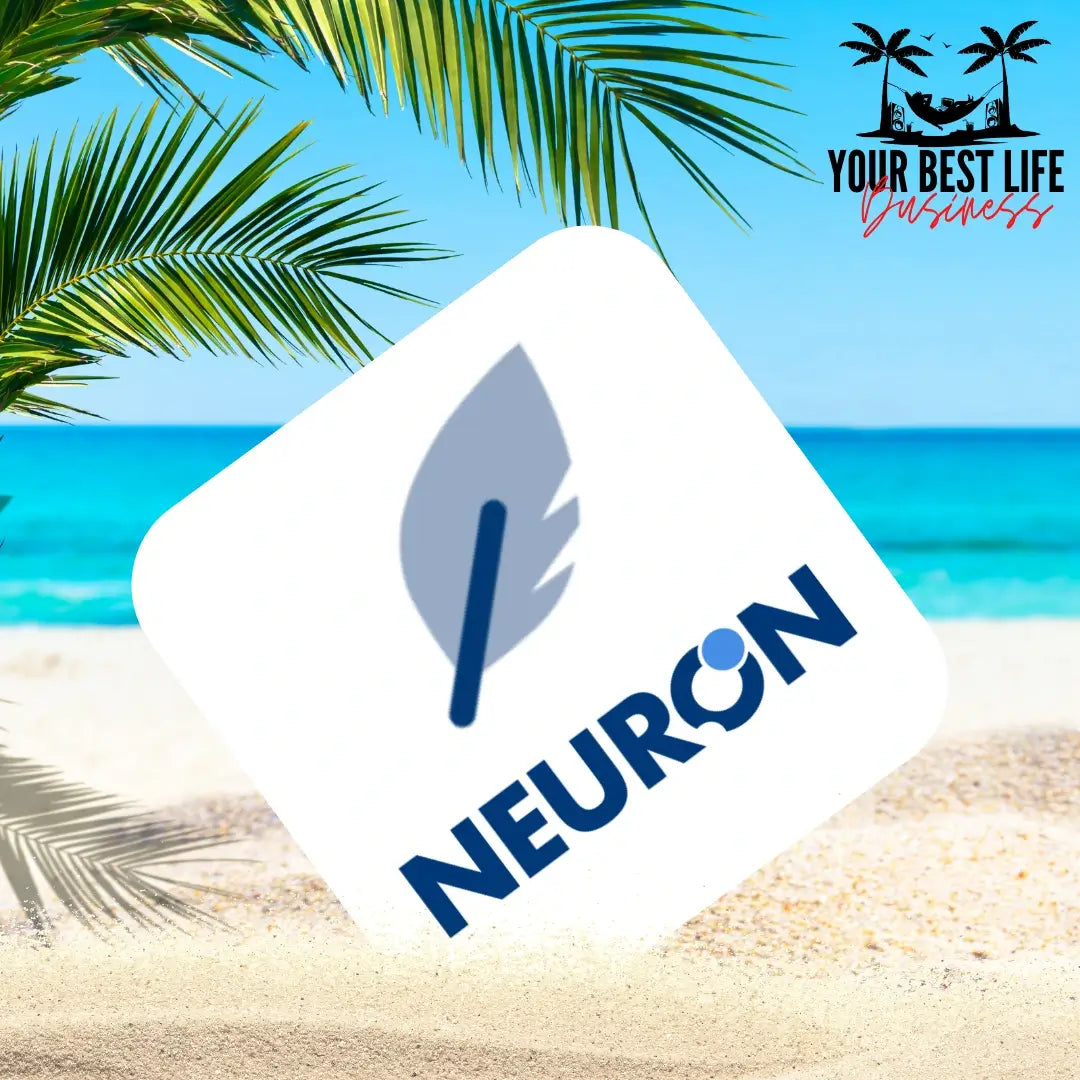 App Logo for NeuronWriter Artificial Intelligence Copywriter Software. App Logo sitting in the sand at the beach.