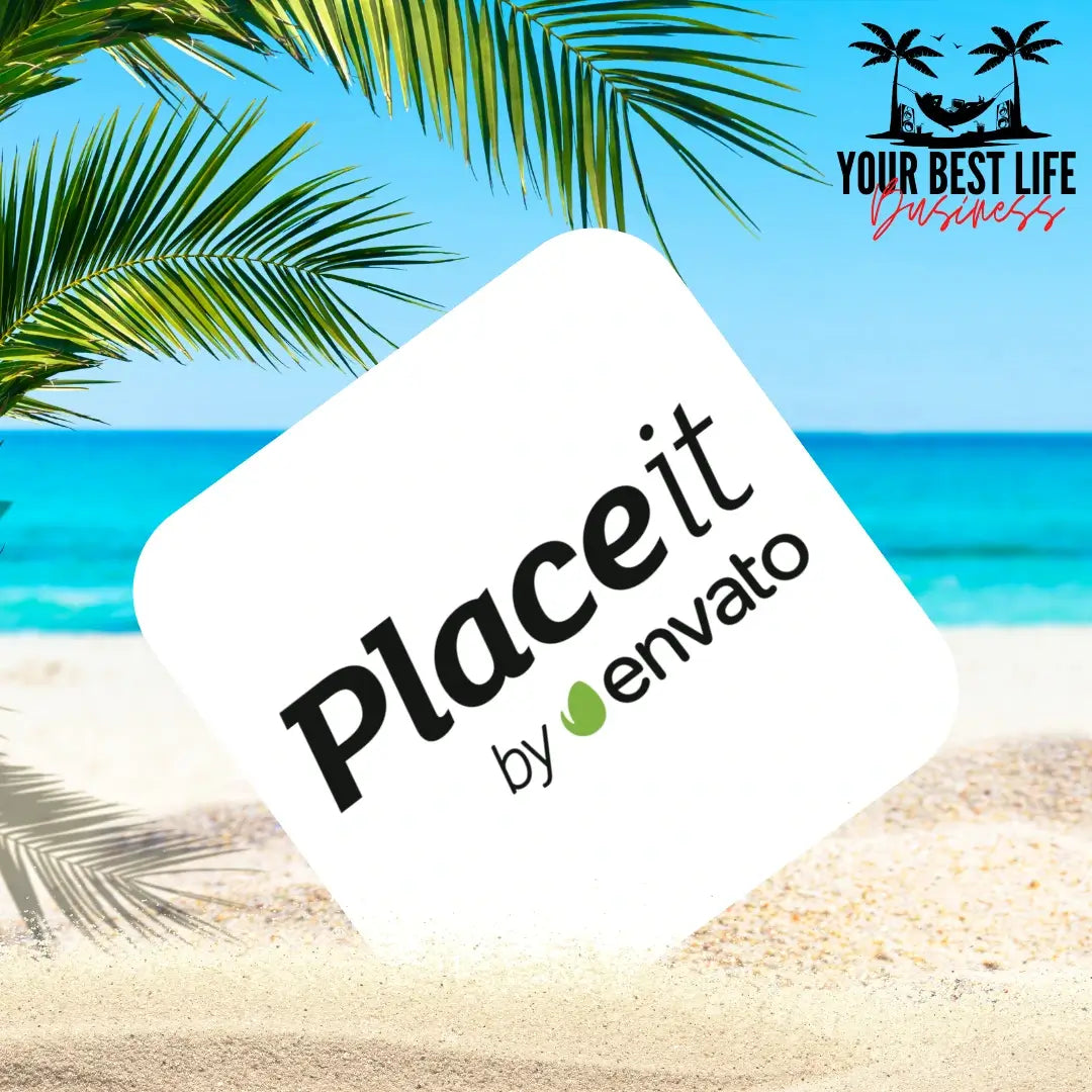 The PlaceIt by Envato Logo in The Sand at The Beach. Deals on all types of apps at YourBestLifeBiz