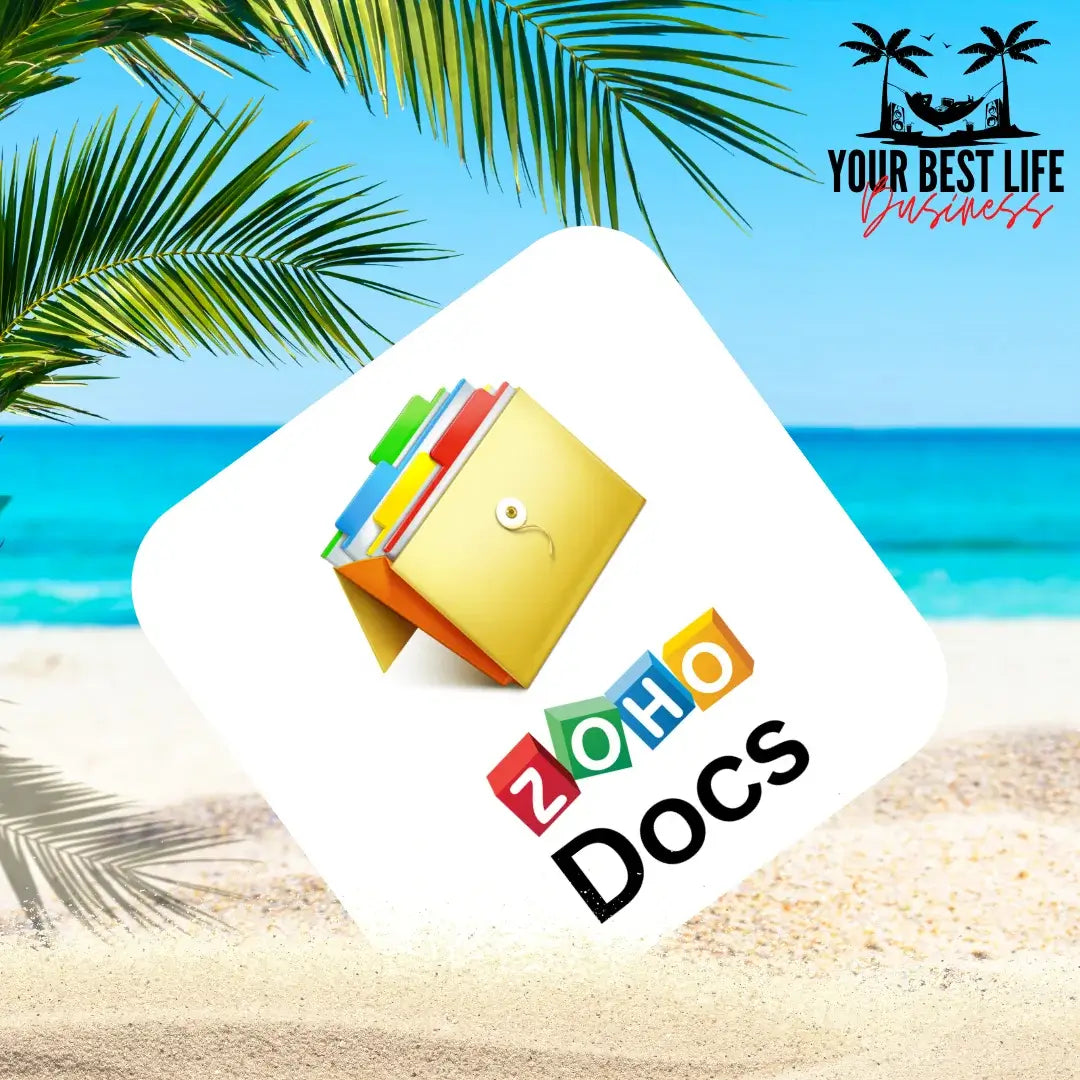 A depiction of the Zoho app logo enjoying a carefree moment on a beach, holding a tropical drink, symbolizing the stress-free experience offered by Zoho Docs for a balanced work and life, as presented on YourBestLifeBiz.com.